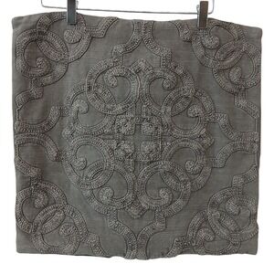 Pottery Barn Taupe Grey Crewel Embroidered Medallion Cotton Pillow Cover 18x18